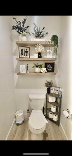 a white toilet sitting in a bathroom next to a wooden shelf filled with plants and towels