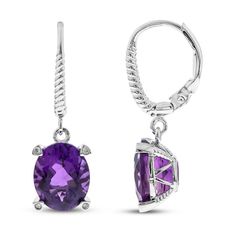 These elegant dangle earrings for her add the perfect pop of color to any outfit. Oval-cut amethysts hang from each sterling silver hoop, and diamond accents sparkle from each corner to finish the look. The earrings secure with lever backs. Adjustable Purple Dangle Crystal Earrings, Purple Gemstone Accented Dangle Earrings, Nickel-free Purple Dangle Chandelier Earrings, Nickel-free Elegant Amethyst Earrings, Nickel-free Purple Crystal Earrings In Sterling Silver, Nickel Free Earrings, Diamond Dangle Earrings, Purple Love, Accessories Jewelry Earrings