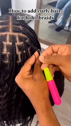 How To Add Human Hair To Braids, What Hair To Use For Bohemian Box Braids, Boho Box Braids Human Hair, Boho Box Braids Tutorial, Add Curly Hair To Box Braids, How To Goddess Braids Hair Tutorials, How To Add Curly Hair To Knotless Braids, Curly Braids Tutorial, Human Hair For Boho Braids