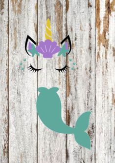 a wooden fence with a unicorn face and mermaid tail on it's head, next to an image of a fish