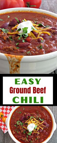 easy ground beef chili in a white bowl