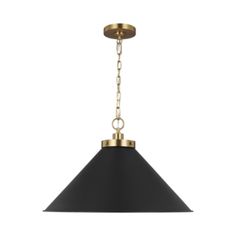 a black and gold pendant light with a chain hanging from the bottom, on an isolated white background