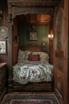 a bed sitting inside of a bedroom next to a doorway