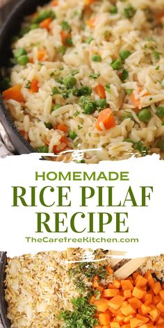 homemade rice pilaf recipe with carrots and parsley in a skillet