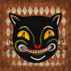 a painting of a black cat with yellow eyes and fangs on it's face