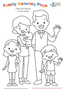 a family coloring page with an adult and two children holding their hands up in the air