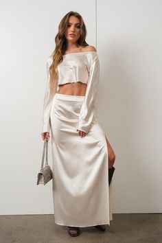 Long sleeve with Maxi Skirt with slit with hidden zipper. not sheer/poly/satin (also comes in black) Satin Crop Top Outfits, Honeymoon Fits, Crop Top Satin, Gno Outfit, Skirt Crop Top, Maxi Skirt Crop Top, Gold Sequin Top, White Chapel, Silk Crop Top