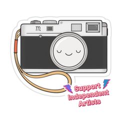 a sticker with an image of a camera and the words support independent artists on it