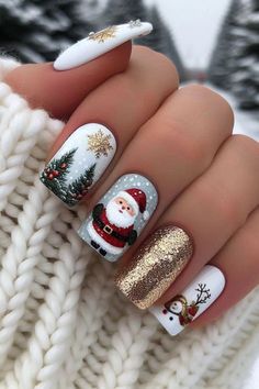 White Christmas Nail Ideas, Christmas Nails Trendy, White Christmas Nails, Glitter Accent Nails, Simple Fall Nails, December Nails, Spring Nail Designs, Cute Christmas Nails, Christmas Nails Easy