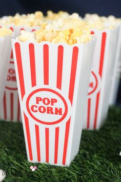 three popcorn bags sitting on top of green grass