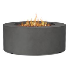 the outdoor great outdoors fire pit is shown in grey with flames coming out of it