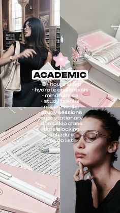 a collage of photos with the words academic on it and an image of a woman in glasses