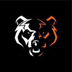 a bear's head with an orange and white outline on it, against a black background