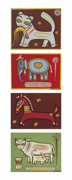 three paintings with animals on them in different colors