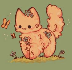 a drawing of a cat with flowers on its tail and a butterfly in the background