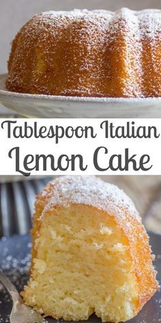 a lemon cake with powdered sugar on top and the words tablepoon italian lemon cake above it