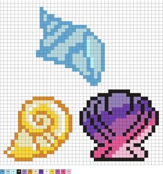 a cross stitch pattern with two seashells and one snail on it's side