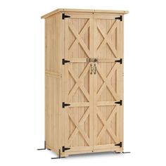 a large wooden storage cabinet with sliding doors