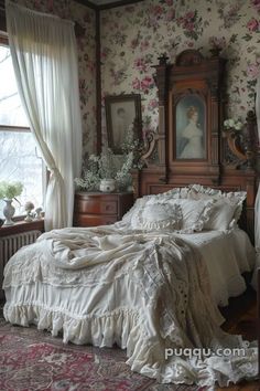 an old fashioned bedroom with floral wallpaper