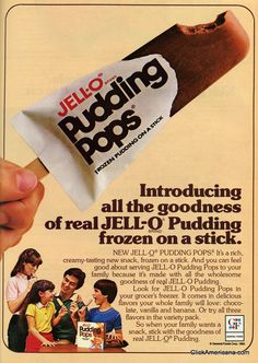 an advertisement for jello pudding pops from the 1970's is shown in this ad