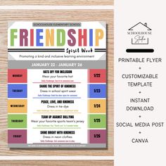 Friendship Week, Week Calendar, Cognitive Activities, Pta School, School Spirit Wear, World Teachers, Calendar Of Events, Schedule Planner