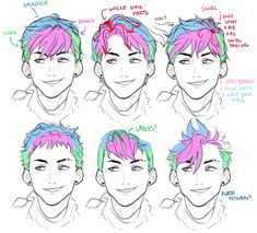 the different hairs styles for boys with pink and blue hair are shown in this drawing