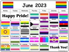 a calendar with the words happy pride written in rainbows and black on it's side