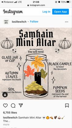 Samhain Mini Altar Jar, Samhain Mini Altar, Samhain Altar In A Jar, Mabon Altar In A Jar, Mabon Mini Altar, Crystals For Samhain, Samhain Jar, Mini Altar Ideas, Samhain Spell Jar