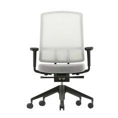 an office chair with wheels on the back and white upholstered fabric seat padding