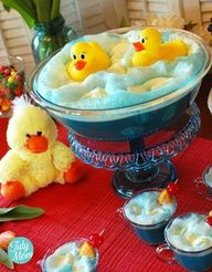 there are several pictures of bath time with rubber ducks in the tub and cupcakes on the table