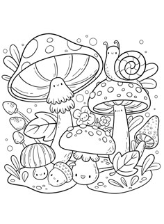 a coloring page with mushrooms and plants