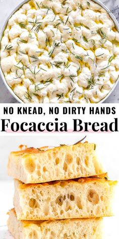 there are three different types of breads on the table with text that reads no knead, no dirty hands focaccia bread