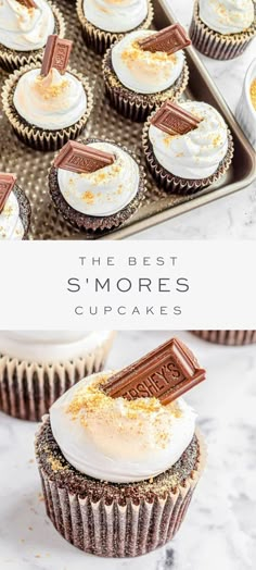 s'mores cupcakes lined on sheet pan, overlay text, close up of s'mores cupcake Smore Snack Ideas, Mini Smores Cupcakes, Easy Smores Cupcakes, Smores Cupcakes Marshmallow Filled, Easy Smores Cupcakes Recipe, S'mores Cups, S’more Dessert Recipes, S’more’s Cupcakes, S’mores Cupcakes With Marshmallow Frosting