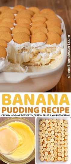 banana pudding recipe in a baking dish with bananas and ice cream on the side, then topped with graham crackers