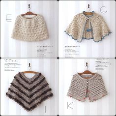 four pictures of different crocheted sweaters hanging on a clothes hanger,