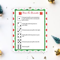 a printable past the present game with christmas presents around it and confetti