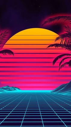 an old school style computer screen with palm trees in the foreground and a sunset behind it