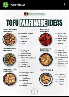 a menu with many different types of food on the plate and in bowls, labeled tofu marinade ideas