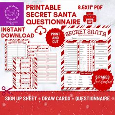 the printable secret santa quiz game is shown in red and white with snowflakes