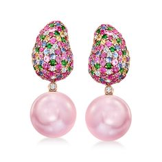 Ross-Simons - 12-13mm Pink Cultured Pearl, 3.80ct t. w. Multi-Gemstone, .28ct t. w. Diamond Removable Drop Earrings. Elevate your assembly of luxurious accessories by two looks with one pair! Fierce, feminine and fully removable, 12-13mm pink cultured freshwater pearls dangle from modern, organic-shaped tops blanketed in a candy-colored display of 3.80 ct. tot. gem wt. multicolored sapphires, tsavorites and .28 ct. t. w. round brilliant-cut diamonds that can be worn with or without the pink pear Pink Drop Earrings, Luxurious Accessories, Pink Pearl Earrings, Pearl Birthstone, Sapphire Color, Natural Gold, Diamonds And Gold, Fancy Jewelry, Sea Pearls