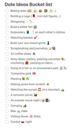 a list with different things to do in the day and night, including text that reads date ideas bucket list