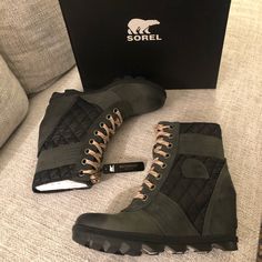 New In Box Waterproof Lace Up Wedge Boots From Sorel. Listed For Less On F B Mark Etplace! Slate Lace Up Wedge Boots, 2024 Style, Lace Up Wedges, Cute Boots, Sorel Womens, Sorel Shoes, Design Your Dream House, Black Wedges, Women's Wear