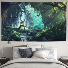 a painting on the wall above a bed in a room with white walls and pillows