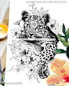 a black and white drawing of a leopard surrounded by flowers