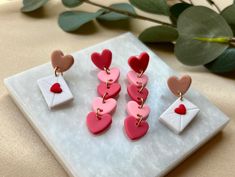 pink and red heart shaped earrings sitting on top of a white plate next to a plant