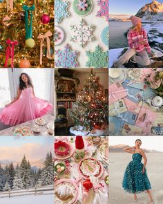 a collage of photos with christmas decorations and women dressed in pink, blue and green