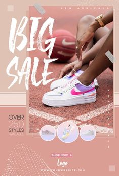 a woman tying her sneakers with the words big sale on it in white and pink