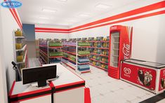 an artist's rendering of a grocery store with coca - cola machines in the aisle