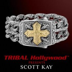 This Scott Kay Masterpiece Unkaged bracelet is definitely not subtle. Two rows of curb chain links are enhanced with an intricate Sparta vine engraving. Front and center, the large plaque displays a radiant 18K gold cross. Gold Chain Men, Mens Sterling Silver Jewelry, Mens Sterling Silver Bracelets, Mens Designer Jewelry, Sterling Silver Skull Rings, Sterling Silver Mens Rings, Mens Bracelet Silver, Two Fingers, Gold Chains For Men