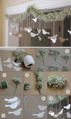 the steps to make a bird mobile with flowers and paper birds hanging from it's sides